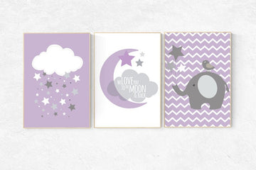 Nursery decor girl purple, nursery decor girl elephant, We love you to the moon and back, purple nursery decor, lilac nursery, lavender
