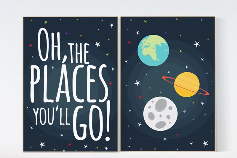 Oh the places you'll go, space theme, nursery decor, outer space nursery wall art, playroom decor, kids room decor, baby boy room, boys room