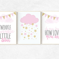 Pink gold nursery, girls room decor, cloud nursery wall art, Twinkle twinkle little star, pink and gold baby shower, baby girl nursery art