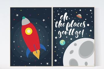 Oh the places you'll go, outer space nursery wall art, navy space nursery decor, baby boy, moon print, playroom decor, kids room, space art