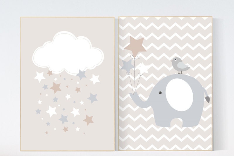 Nursery wall art, gender neutral nursery, beige and cream, cloud nursery, elephant Nursery Decor, Gray Beige gender neutral baby shower