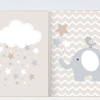 Nursery wall art, gender neutral nursery, beige and cream, cloud nursery, elephant Nursery Decor, Gray Beige gender neutral baby shower