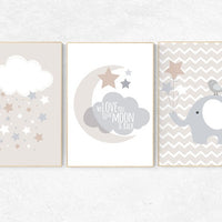 We love you to the moon and back, gender neutral nursery, beige and cream, elephant Nursery, Nursery Decor, Gray Beige gender neutral