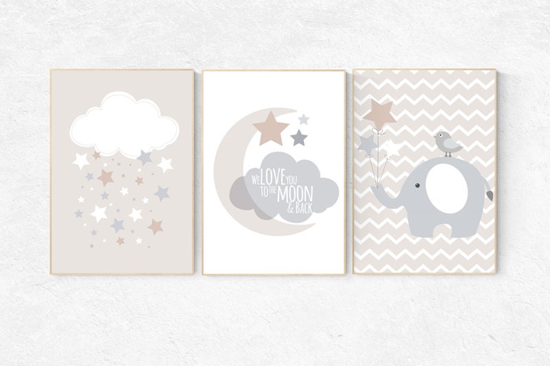 We love you to the moon and back, gender neutral nursery, beige and cream, elephant Nursery, Nursery Decor, Gray Beige gender neutral