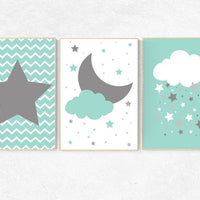 Mint nursery decor, cloud nursery mint nursery, star nursery decor, nursery wall art, set of 3, nursery prints, baby room decor mint nursery