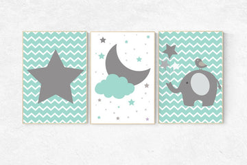 Mint nursery decor, elephant nursery, nursery decor elephant, cloud and stars, nursery decor boys teal, gender neutral nursery, mint gray