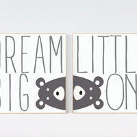 Dream Big Little One Kid's room Print, cute bear, nursery room, toddler room, nursery cute animals, square poster gray nursery, kids room
