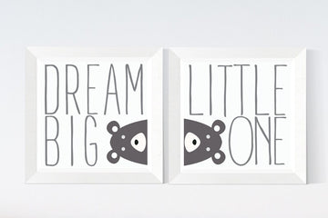 Dream Big Little One Kid's room Print, cute bear, nursery room, toddler room, nursery cute animals, square poster gray nursery, kids room