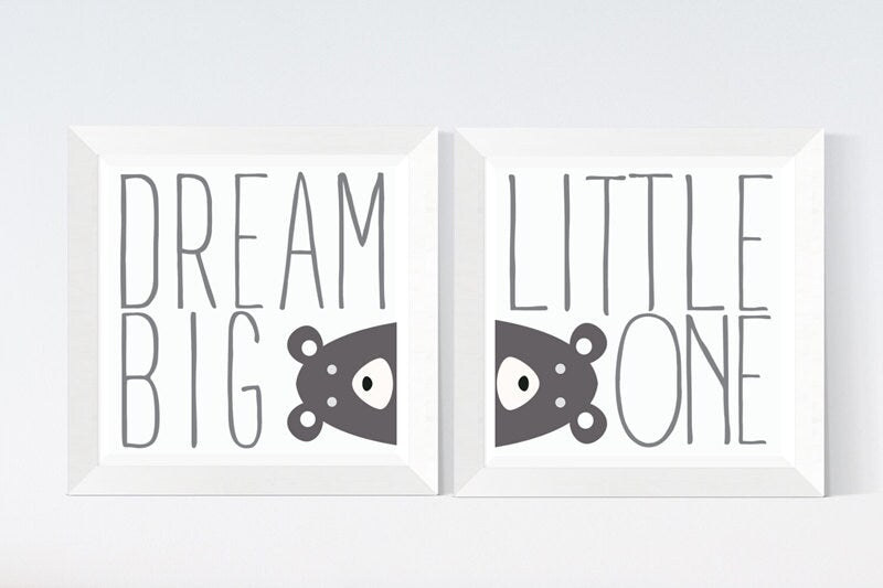 Dream Big Little One Kid's room Print, cute bear, nursery room, toddler room, nursery cute animals, square poster gray nursery, kids room