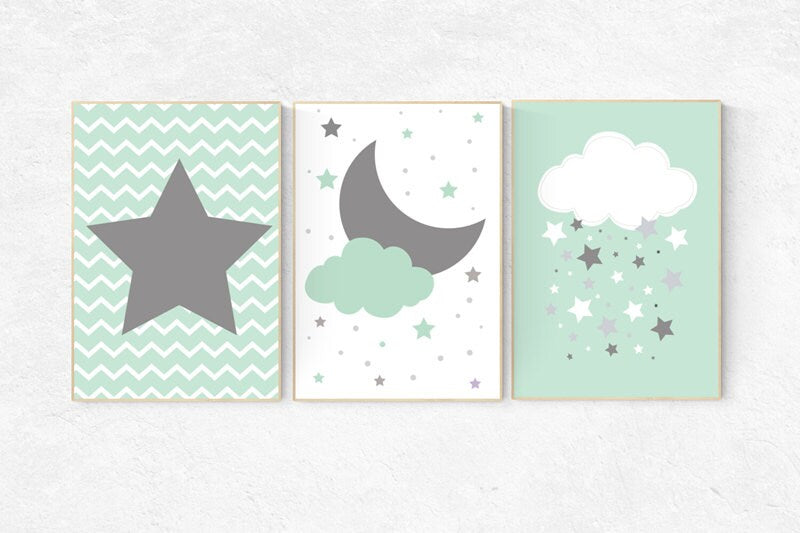 Mint nursery decor, cloud nursery mint nursery, star nursery decor, nursery wall art, set of 3, nursery prints, baby room decor mint nursery