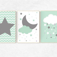 Mint nursery decor, cloud nursery mint nursery, star nursery decor, nursery wall art, set of 3, nursery prints, baby room decor mint nursery