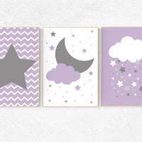 Nursery decor girl purple, Purple Grey Nursery, baby girl nursery, purple gray, cloud, girls room decor, moon and stars, lilac, lavender
