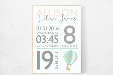 Nursery decor girl name, birth stat nursery wall art, hot air ballooon, mint pink gold, nursery wall art, baby girl gift, new baby gift