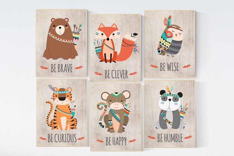 Woodland nursery, Be brave, tribal nursery decor, woodland nursery, fox bear nursery decor, set of 6 woodland nursery decor, forest animals