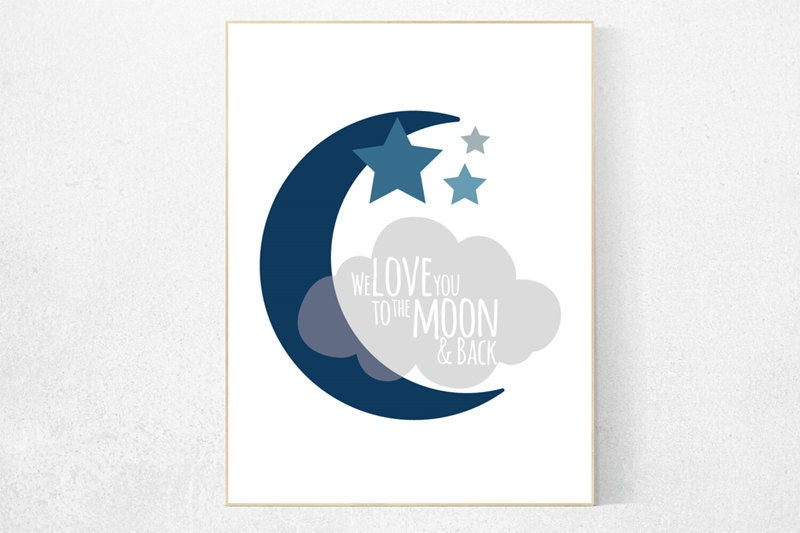 We love you to the moon and back, nursery decor, navy nursery decor, moon nursery, nursery wall art, baby room decor, toddler, new baby gift