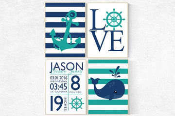 Birth announcement, Nautical boy nursery, birth stats print, nautical baby room, Nautical Nursery Wall Art, Navy Mint Nursery Decor, teal