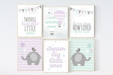 Twinkle Twinkle Little Star, Purple mint nursery decor, lilac nursery, twin nursery decor, set of 6, lilac and mint nursery, mint nursery