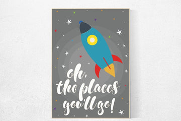 Oh the places you'll go, outer space nursery wall art, gray nursery decor, baby boy, moon print, playroom decor, kids room, space art, grey