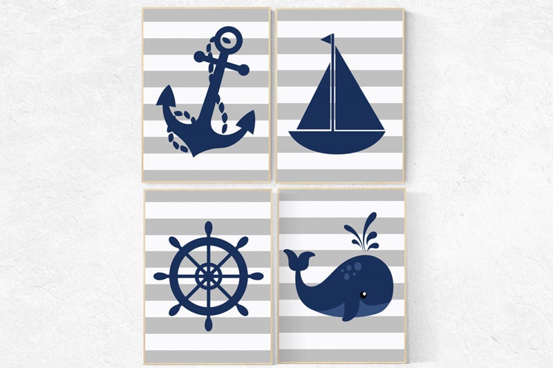 Nautical Nursery Wall Art, Navy Gray Nursery Decor, whale nursery decor, baby boy nursery, nautical prints, playroom decor, nautical nursery