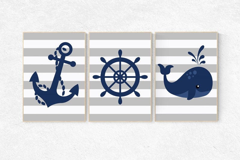 Nautical Nursery Wall Art, Navy Gray Nursery Decor, whale nursery decor, baby boy nursery, nautical prints, playroom decor, nautical nursery