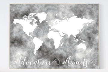 Gray world map nursery, watercolor gray world map poster, nursery world map wall art, gray world map print kid room decor, gift