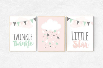 Twinkle twinkle little star, elephant nursery decor, Baby girl nursery decor, coral mint nursery decor, cloud nursery, girls room wall art