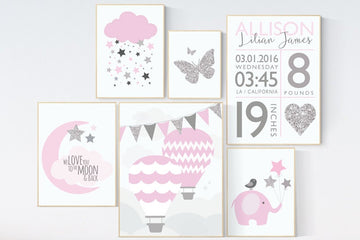 Nursery decor girl elephant, Nursery wall art girl, pink silver nursery, hot air balloon, birth stats, cloud and stars, baby room decor girl