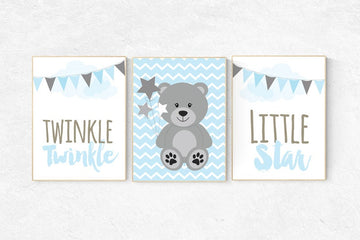 Twinkle Twinkle Little Star, bear nursery art, Baby boy nursery decor, Blue gray nursery, boys room wall art, baby room prints, elephant