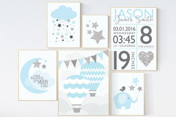 Nursery decor boy, Blue gray nursery, blue silver nursery set, hot air balloon nursery, cloud nursery, to the moon and back. blue and gray