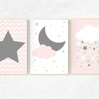 Coral mint nursery decor, star Nursery Art, moon nursery, baby girl, Coral mint gray, cloud nursery girl bedroom decor girl nursery