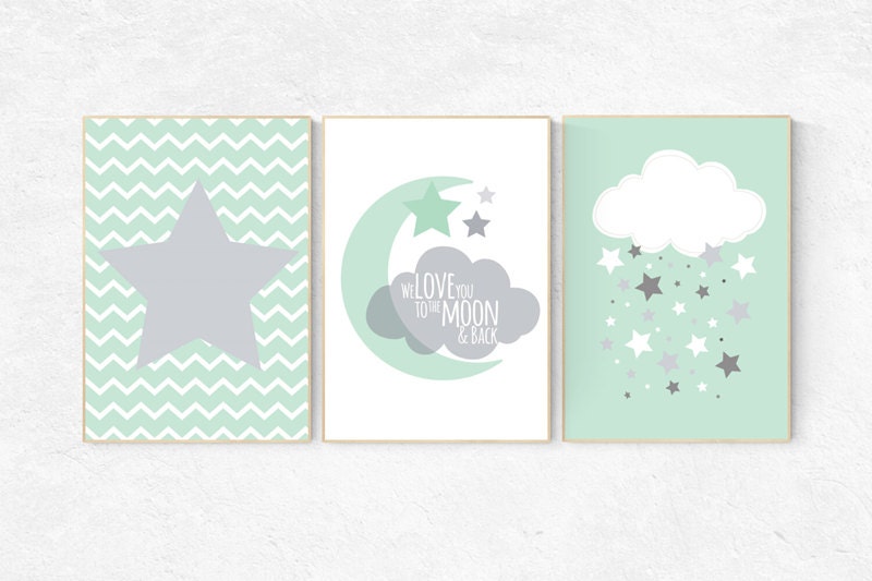 Mint nursery decor, we love you to the moon and back, cloud nursery mint nursery, star nursery decor, nursery wall art, set of 3, baby room