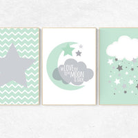 Mint nursery decor, we love you to the moon and back, cloud nursery mint nursery, star nursery decor, nursery wall art, set of 3, baby room