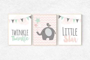 Elephant nursery art, Twinkle Twinkle Little Star, Baby girl nursery decor, coral mint nursery decor, girls room wall art, baby room prints