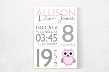 Girl birth announcement nursery decor, owl, pink nursery decor, nursery prints, baby birth print baby stats new baby gift Personalized