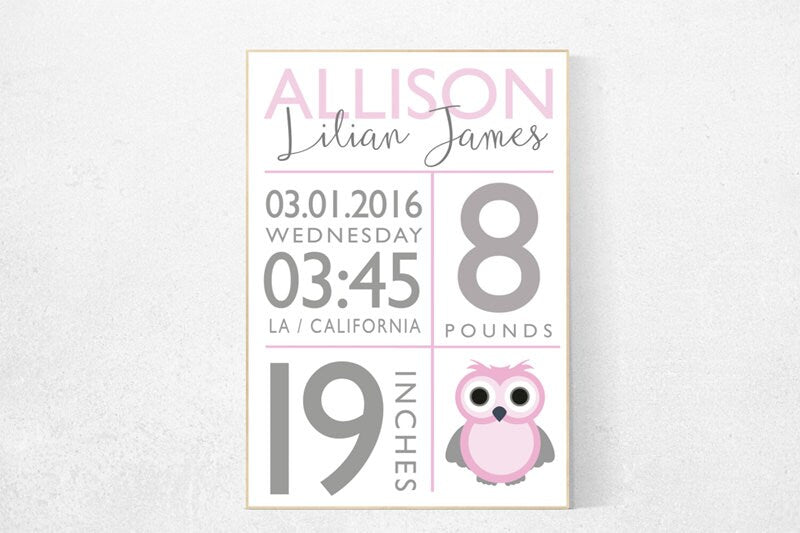Girl birth announcement nursery decor, owl, pink nursery decor, nursery prints, baby birth print baby stats new baby gift Personalized