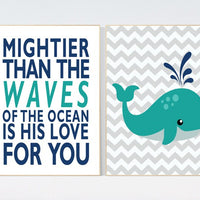 Nautical Nursery Wall Art, whale nursery, mightier than the waves of the sea, Navy Nursery Decor, Navy Nursery decor, teal navy nursery