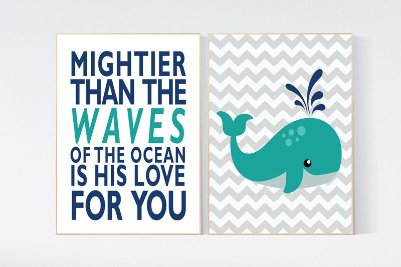 Nautical Nursery Wall Art, whale nursery, mightier than the waves of the sea, Navy Nursery Decor, Navy Nursery decor, teal navy nursery