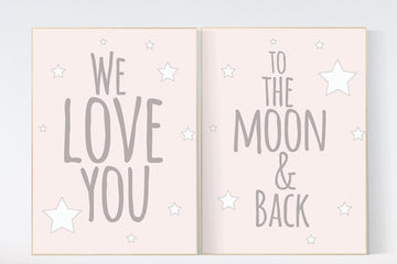 We love you to the moon and back, nursery decor, nursery wall art, pale pink nursery prints, nursery decor girl, baby girl nursery art