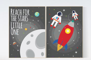 Outer space nursery wall art, reach for the stars, gray nursery decor, baby boy, moon print, playroom decor, kids room, space art, grey