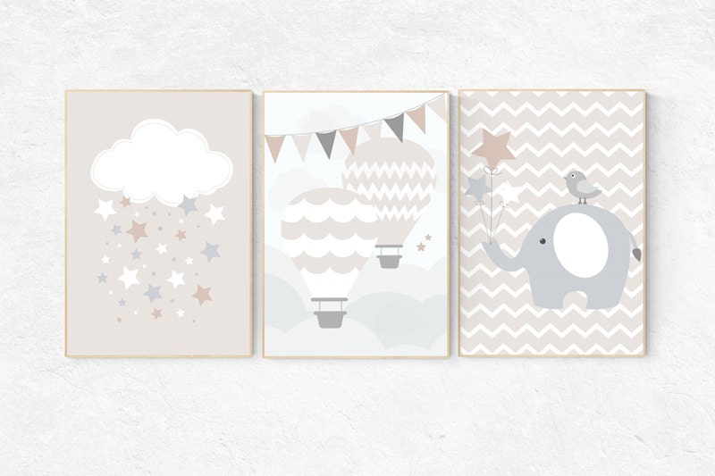 Gender neutral nursery, beige and cream, hot air balloon Nursery, elephant nursery, Nursery Decor, Gray Beige gender neutral baby shower