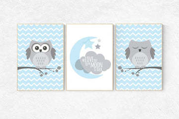 We love you to the moon and back, owl nursery art, Baby boy nursery decor, Blue gray nursery, boys room wall art, baby room prints, set of 3