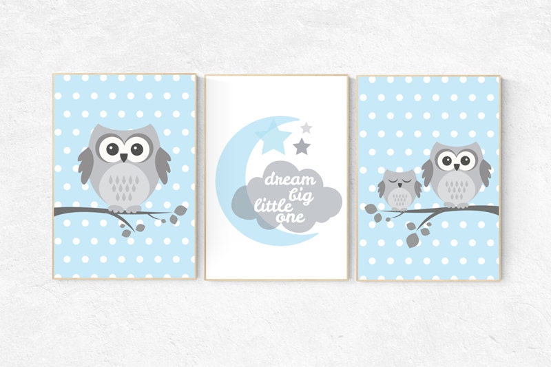 Dream Big Little One, owl nursery art, Baby boy nursery decor, Blue gray nursery, boys room wall art, baby room prints, set of 3, boys room