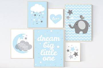 Nursery decor boy, nursery wall art boy elephant, dream big little one, Blue gray nursery, cloud and stars nursery, blue grey, moon and back