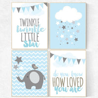 Nursery decor boy, nursery decor elephant, Blue gray nursery, boys room nursery prints, cloud nursery wall art, Twinkle Twinkle Little Star