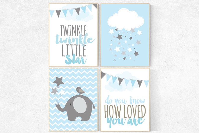 Nursery decor boy, nursery decor elephant, Blue gray nursery, boys room nursery prints, cloud nursery wall art, Twinkle Twinkle Little Star