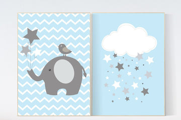 Elephant nursery decor, Baby boy nursery decor, Blue gray nursery, boys room wall art, baby room prints, cloud nursery, boys room decor