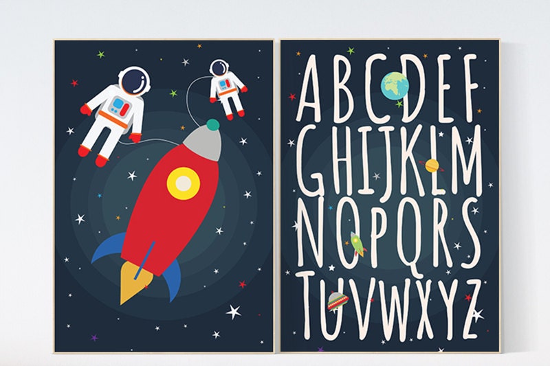 Space nursery decor, alphabet letters, alphabet nursery Art, Outer Space Room Art, set of 2 prints, Boy Nursery Space Decor, ABC nursery