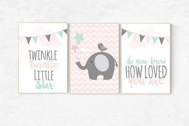 Nursery decor Elephant, pink and mint nursery decor, Twinkle Twinkle Little Star, coral nursery, pink mint, nursery prints, nursery wall art