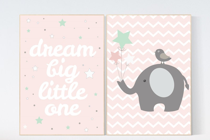 Dream big little one, elephant nursery decor, coral mint nursery decor, girls room wall art, baby room prints, Baby girl nursery decor, gift