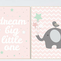 Dream big little one, elephant nursery decor, coral mint nursery decor, girls room wall art, baby room prints, Baby girl nursery decor, gift